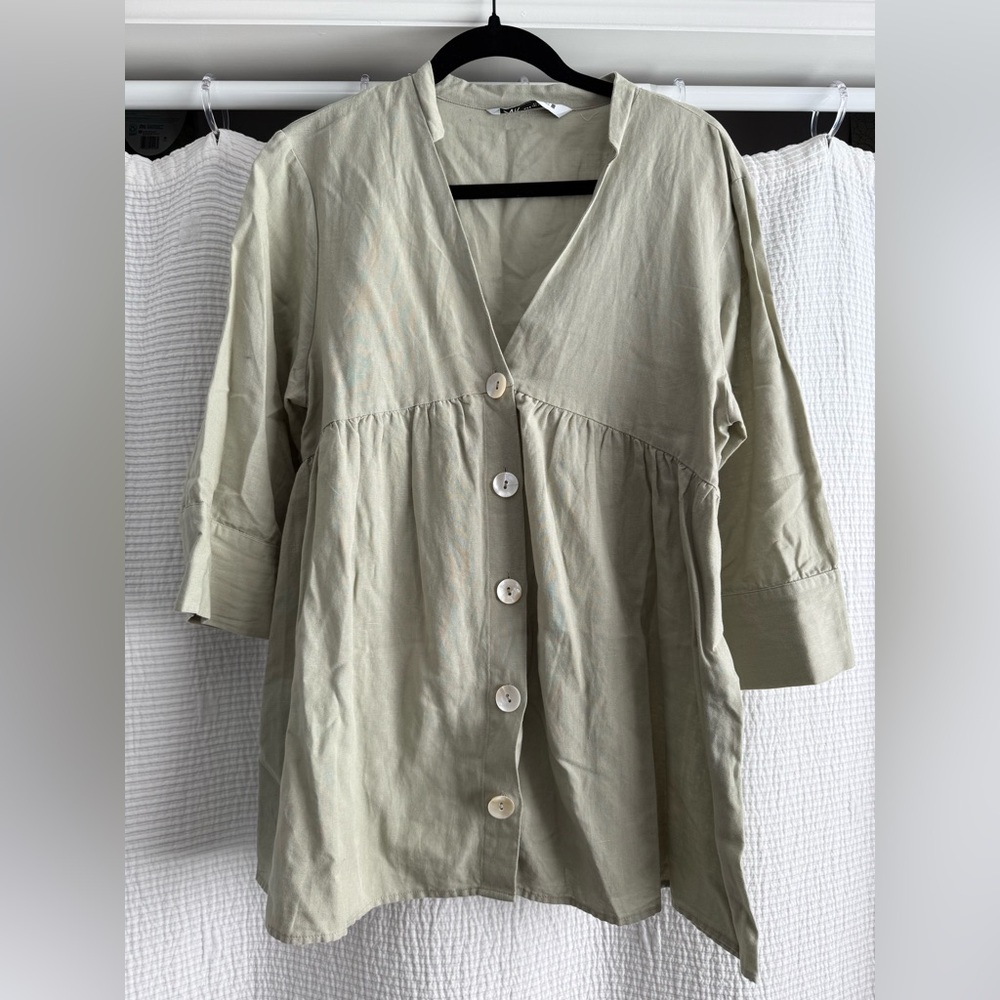 Zara Green Button Down Relaxed Blouse